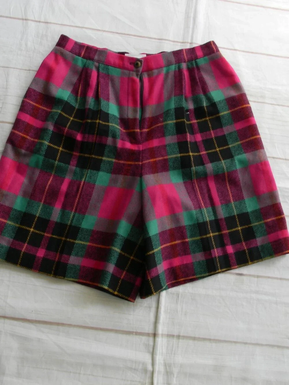 VTG WOOL BLEND PLAID WM'S SHORTS PINK/GREEN 15/16